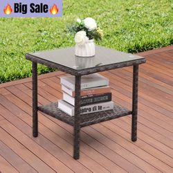 Wicker Side Table Square , Outdoor Patio Table With Glass Top Brown Furniture