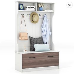 Costway Multifunctional Hall Tree with Coat Rack and Storage Bench, White, 63 Inches