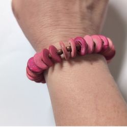 Pink Wooden Disc and Brown Beaded Stretch Bracelet 