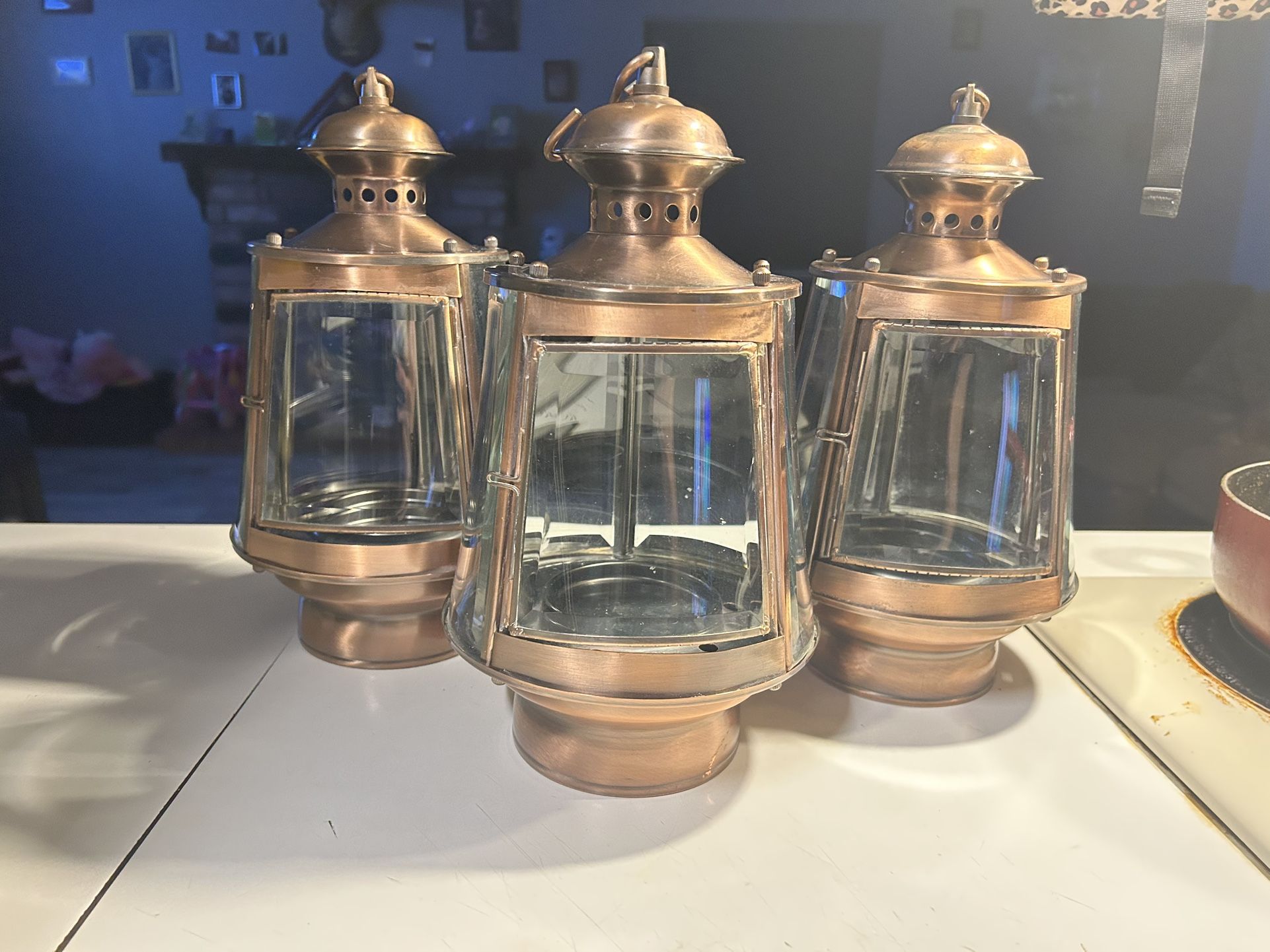 Bronze Glass Hanging Lantern Metal Candle Holder Patio decor