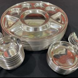 Stainless steel Dinner set-8 Compartment 14" plates, bowls, dish+spoons For 18- Steel