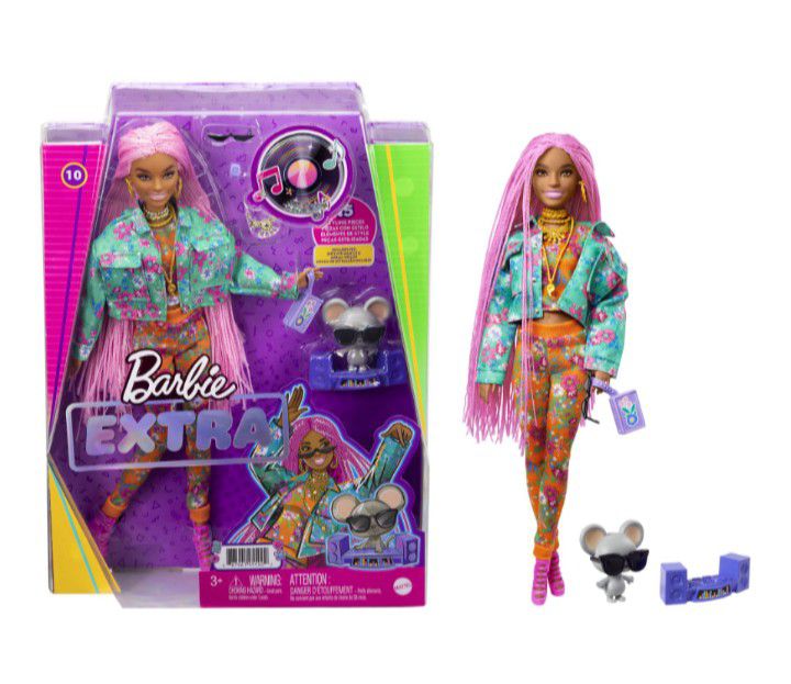 Barbie Floral Print Sports Jacket and Pant Set # 10 with DJ Mouse Mascot, Extra Long Pink Braids, Outfit and Accessories,