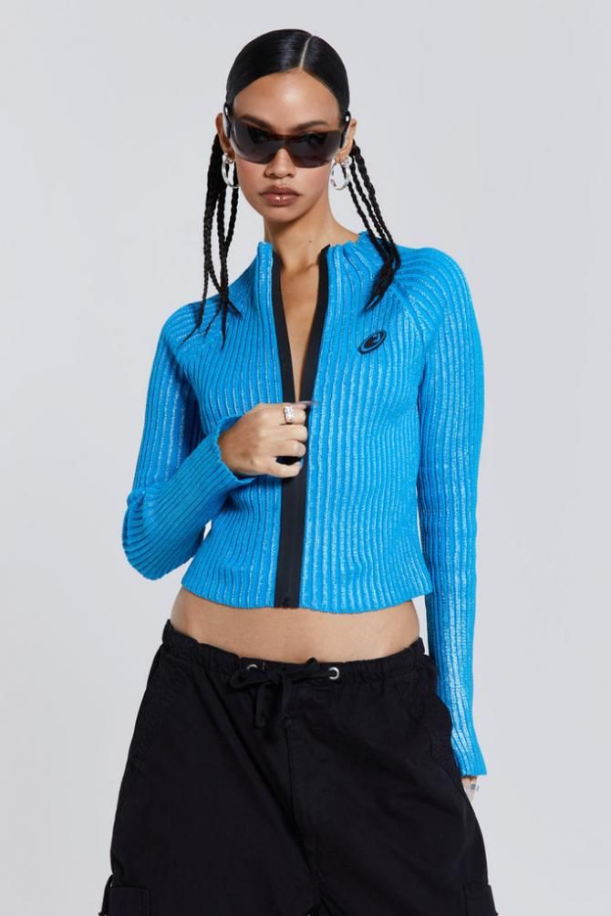 Jaded London Blue Steel Metallic Silver Zip Up Knit Track Jacket