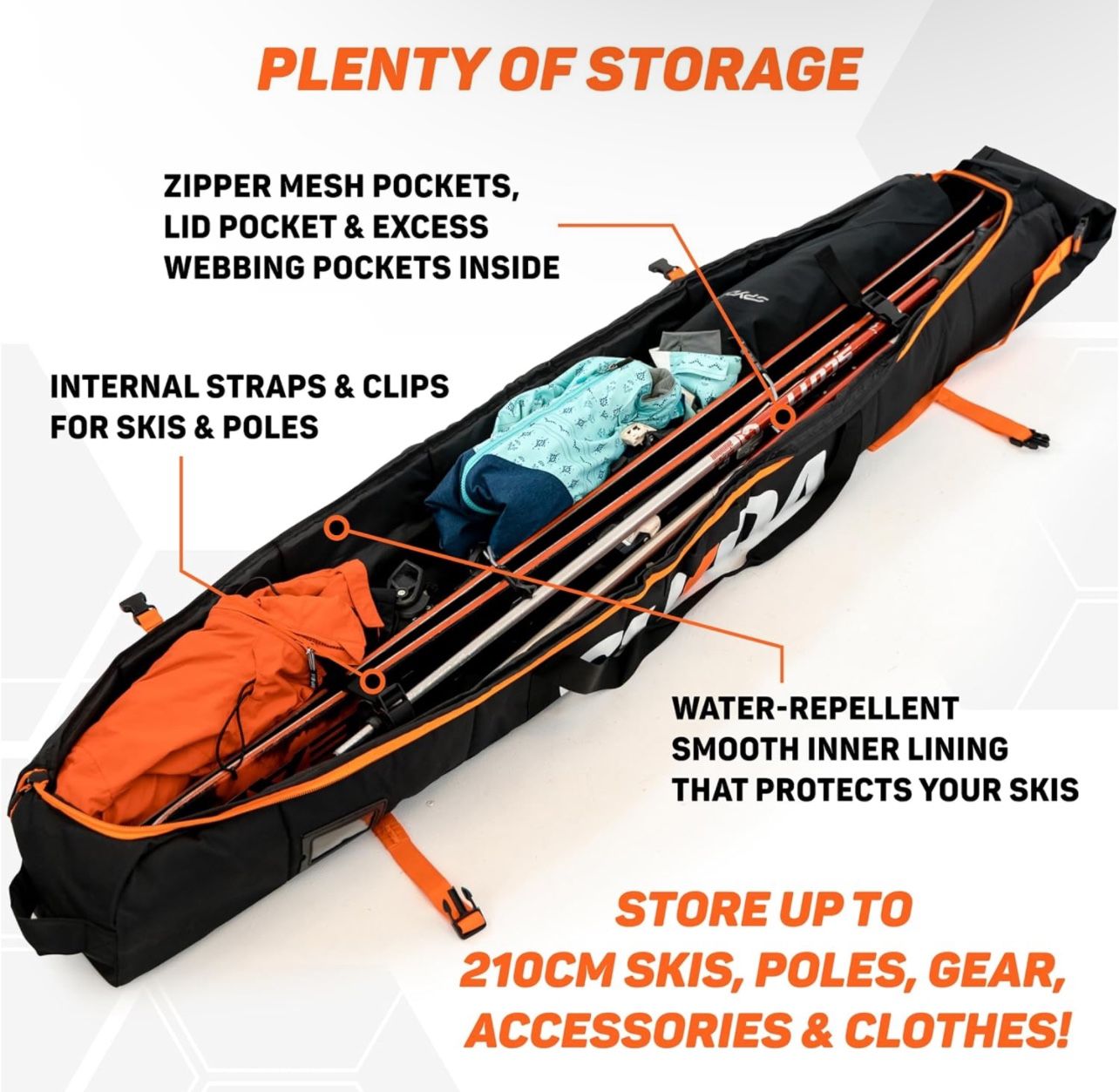 SUKOA Premium Padded Ski Bag Hot ORANGE White Black NEW Snow Ski