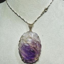 FREE SHIPPING! ANTIQUE ART DECO CARVED AMETHYST PENDANT 925 SILVER NECKLACE 16” #270