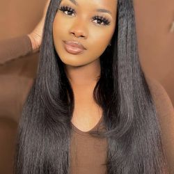 Kinky Straight V Part Wig Human Hair 180% Density Glueless Wig 16inch NEW