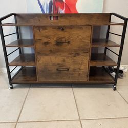 Wooden Rolling 2 Drawer, 6 Shelf File Cabinet W/ Lock&Key 