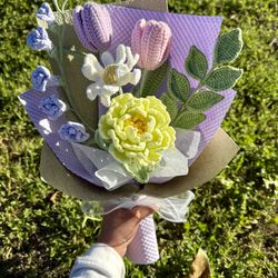 Crochet green peony and tulips bouquet