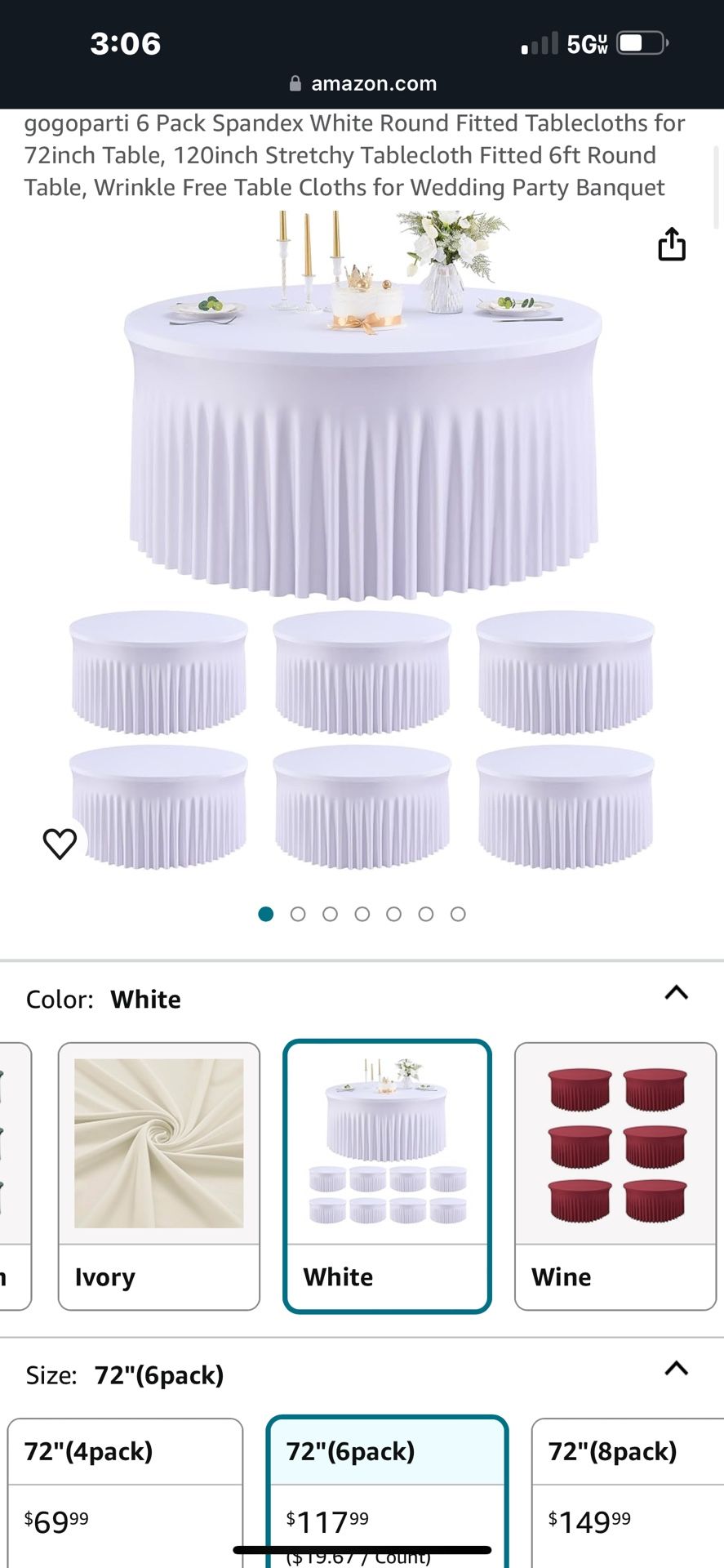 6 Large White Spandex 72" Table Cloths