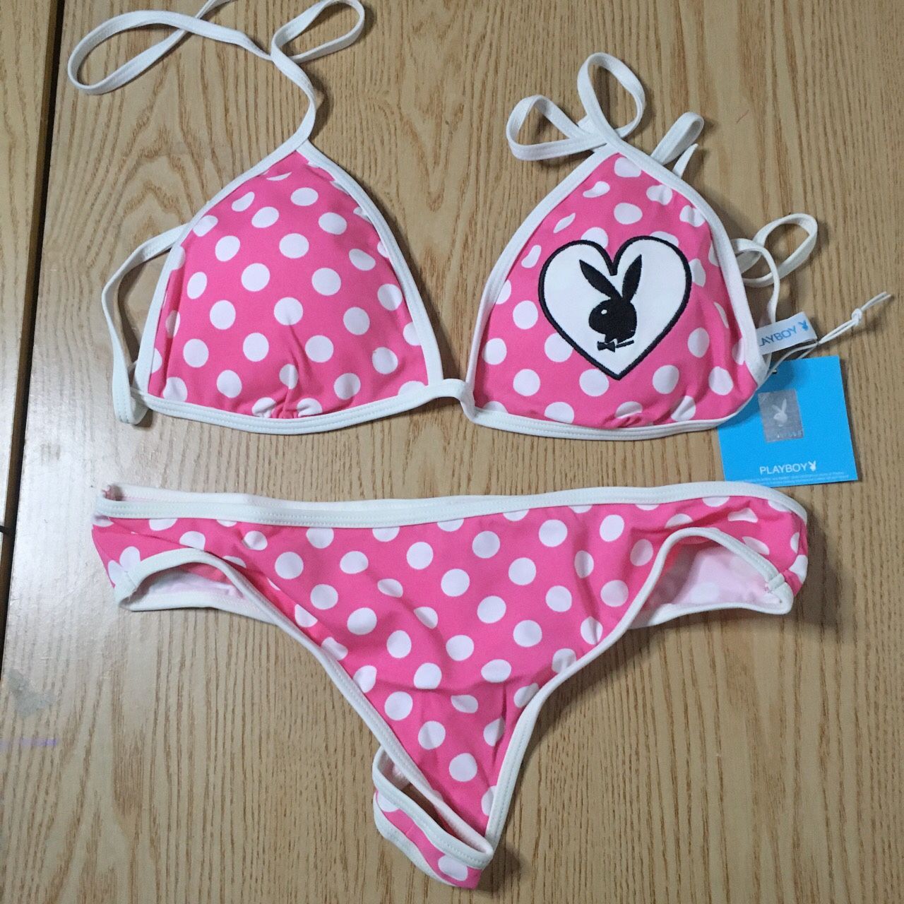 New Womens Vintage Playboy 2Pc Polka Dot Thong Bikini Swimsuit Size Large