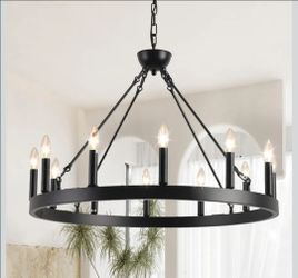 Wagon Wheel Chandelier 32" 12-Light Black Modern Farmhouse Chandeliers