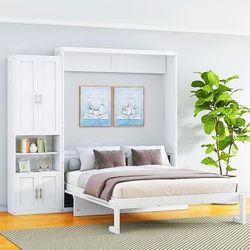 KLMM Modern Wooden Queen Size Murphy Bed 68-inch Cabinet Bed Folding Wall Bed with Desk Combo and 1 Side Cabinet Storage Shelf,for Small Spaces Apartm