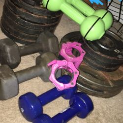 2” Weight Plates ,2” Barbell Clips, 3 Sets Of Dumbbells 