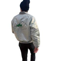 Rare hartwell sports Silver Bomber Jacket Embroidered pine tree Details vintage    Stylish silver bomber jacket featuring unique embroidered designs. 