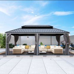 12' X 20' Hardtop Gazebo Outdoor Metal Gazebo Canopy with Galvanized Steel Double Roof, Aluminum Frame, Curtains and Netting for Patio, Deck, Garden, 