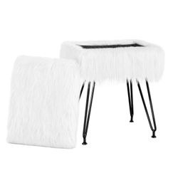 White Faux Fur Hairpin Leg Ottoman