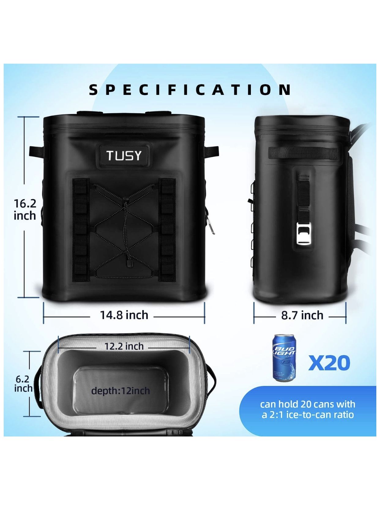 TUSY Best 20 Cans Soft Cooler Backpack-Portable Waterproof Leak-Proof Insulated Bag & Keep Cold 48 H for Picnics, Camping, Hiking or Beach