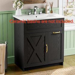 30" Bathroom Vanity Solid Wood Frame Bathroom Cabinet, Bath Vanity Set with 2 Power Outlets, 2 USB Port, Switch Button, 2 Drawers & Soft-Close Doors w