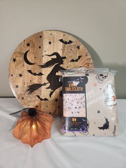 Halloween Decor Bundle – Wood Serving Tray & Vinyl Tablecloth & Small Led Light up Pumpkin