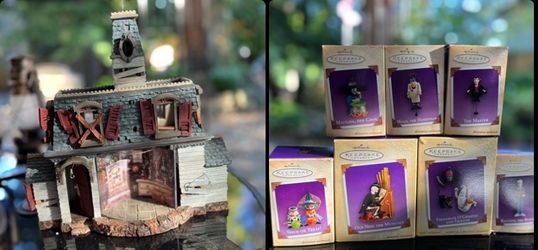 Hallmark Keepsake MANSION on RAVENWOOD LANE Haunted House, 7 Halloween ORNAMENTS