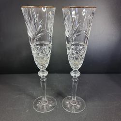 Vintage Set of 2 Cristal D'Arques- Gold Rim Champagne Crystal Glass Stemware 10"
