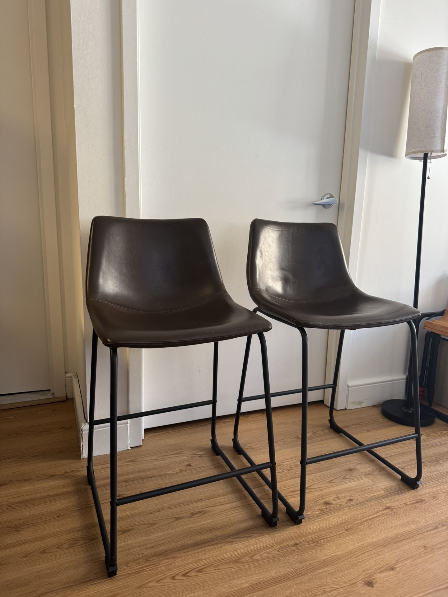 Brown Leather Bar & Counter Stools (2)