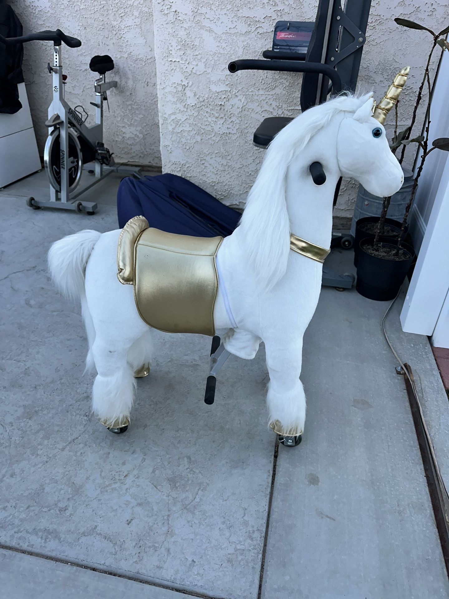 Ride on Unicorn Toy, Walking Unicorn Mechanical Pony, Soft Plush Fur Unicorn Toy with Golden Horn, Unicorn Rocking Horse Gift for 4-9 Years Old 