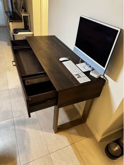 Modern Executive Office Desk with 3 Drawers – Dark Wood
