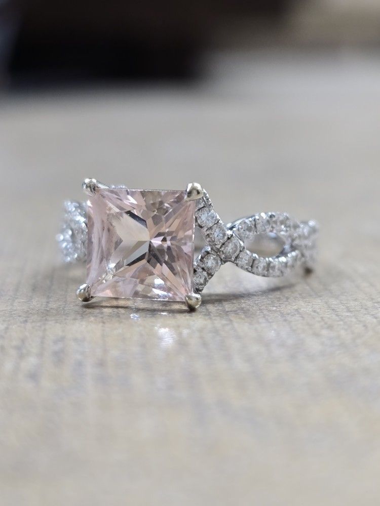 Princess Morganite 8mm twist shank Diamond Engagement Ring with matching Wedding Band