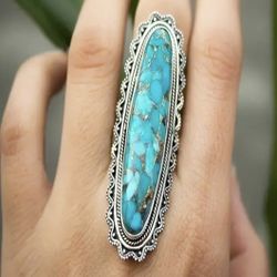 Vintage Style Bohemian Inlaid Created Turquoise Ring. Size 8