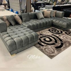 Grey, Black, Blue Velvet Sectional 