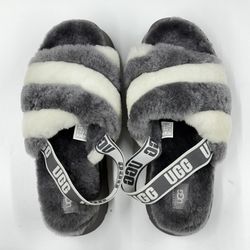 UGG Striped Shearling Slide Slippers in Black, Gray & White Ugg disco stripe - Gem main image 2