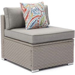Outdoor Furniture Add-on Armless Chair for Expanding Wicker Sectional Sofa Set w Warm Gray Thick Cushions, 1 Floral Fantasy Pillow for Garden, Pool, B