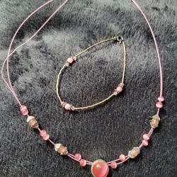 Pink Iridescent Necklace With Pink Bead Bracelet