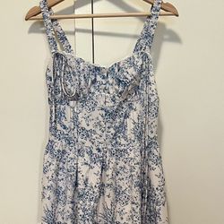 Blue & White Floral Midi Dress With Adjustable Straps