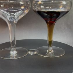 Set of (2) Vintage HOLLOW STEM Bohemian Coupe Glasses. Champagne Craft Cocktail Glasses Classic Fancy Coupes.