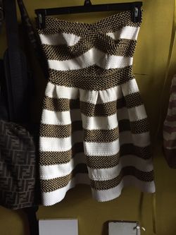 Gold and white strapless dress