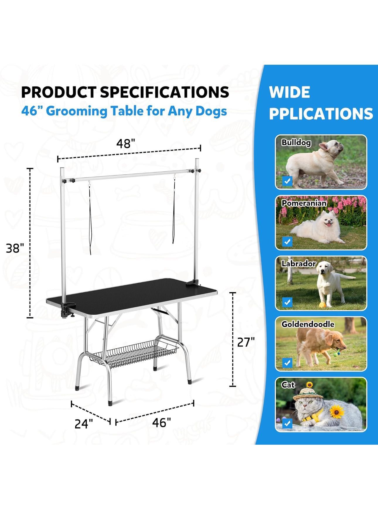 Polar Aurora 46'' Pet Dog Grooming Table,Adjustable Height Heavy Duty Professional Stainless Steel Grooming Table for Dogs at Home for Medium Large Do