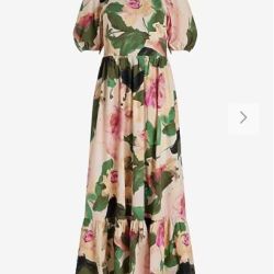 Express Floral Square Neck Puff Sleeve Tiered Poplin Maxi Dress