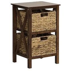 GOFLAME Nightstand with 2 Wicker Storage Baskets, Sofa Side Table with Rubber Wood X-Shaped Frames & Acacia Wood Legs, Bedside Table, End Table for Be