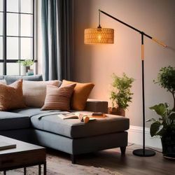 1-Light Black Modern Rope Adjustable Swing Arm Floor Lamp with Rattan Shade Marble Base Foot Switch for Bedroom