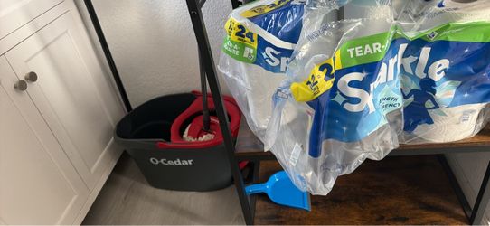 cleaning tools, pots and pans, and clothes racks