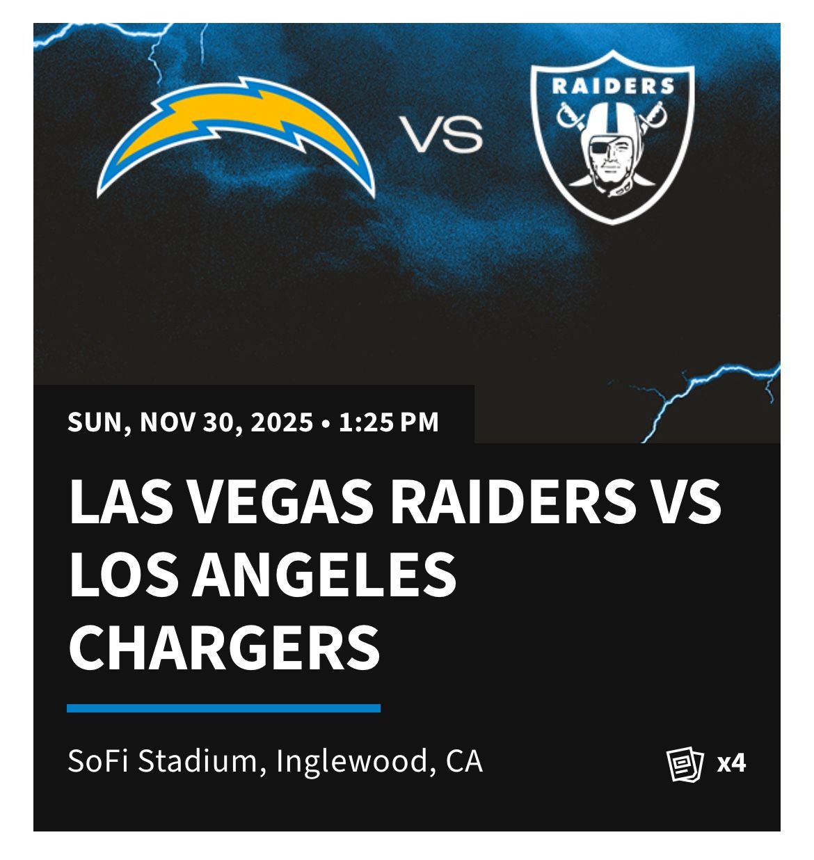 Chargers vs Raiders Tickets 11/30/25  $250 Each 