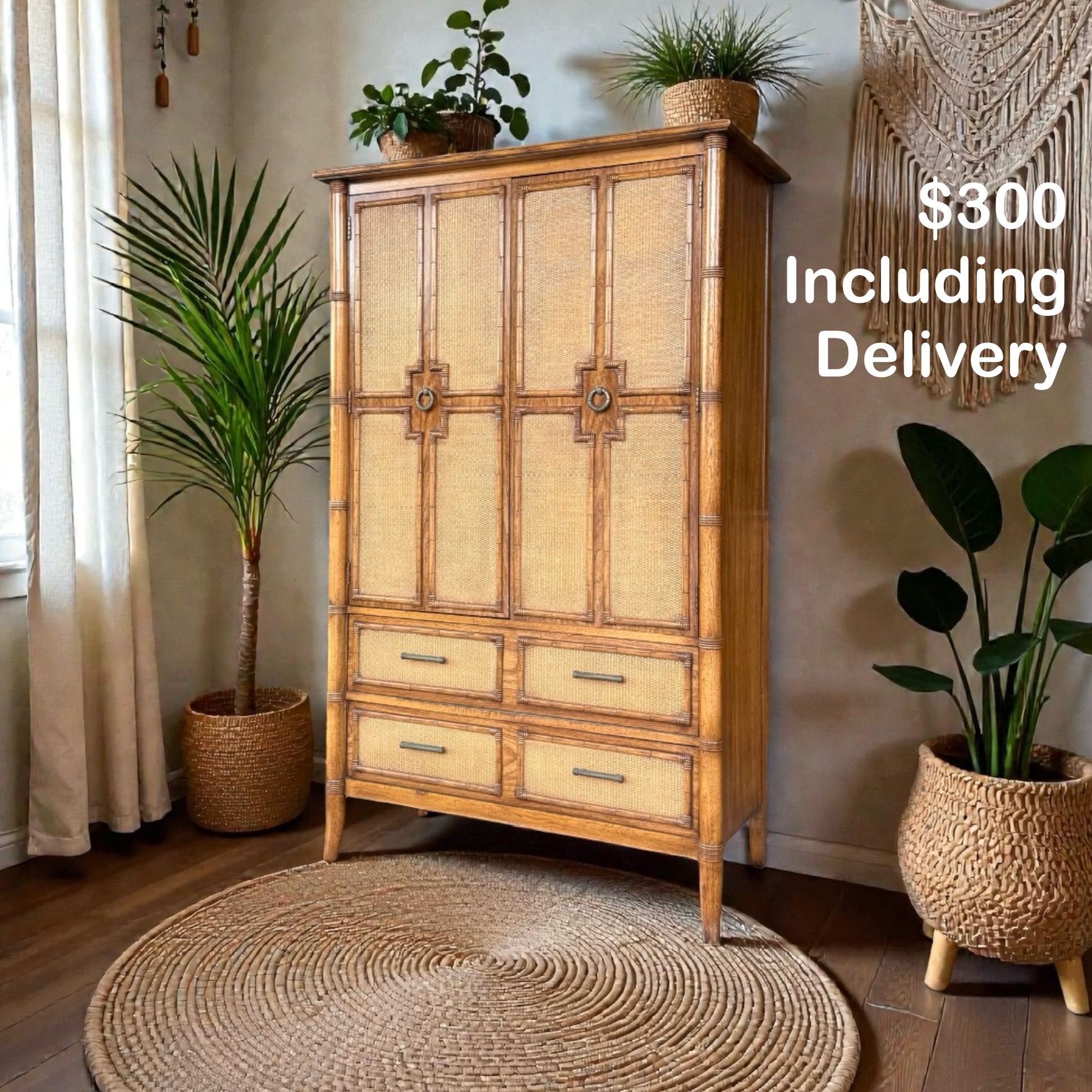 ✨ Vintage Boho Thomasville Bamboo & Cane Armoire – Free Delivery
