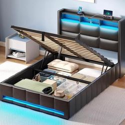 Black Bed Frame Twin Size, Lift Up Storage, Storage Headboard, Charging Station & LED Lights