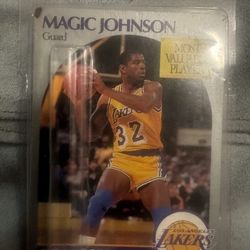 1990-91 NBA Hoops Magic Johnson Card
The basketball card shown is the 1990-91 NBA Hoops #157 Magic Johnson card. This card features Magic Johnson of t
