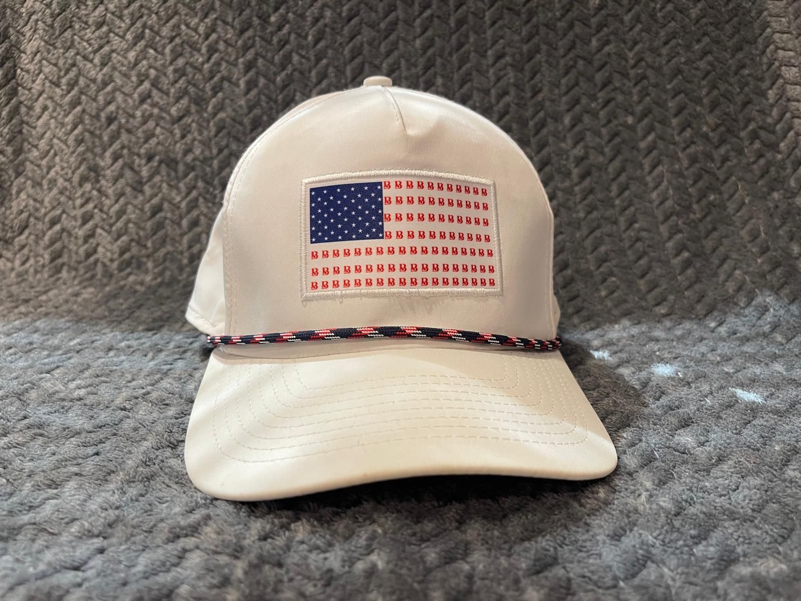 White Cap with Embroidered American Flag and Patriotic Lanyard