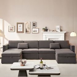 129" Modern Velvet 6 Seats Sectional Sofa, Oversized Upholstery Sectional Sofa, Chaise Couch with Storage Ottomans 