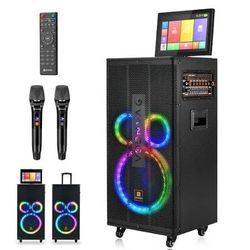 Professional Karaoke Machine with Lyrics Display Screen for Adults, Portable Bluetooth Karaoke PA Speaker System with 2 UHF Wireless Microphones Built