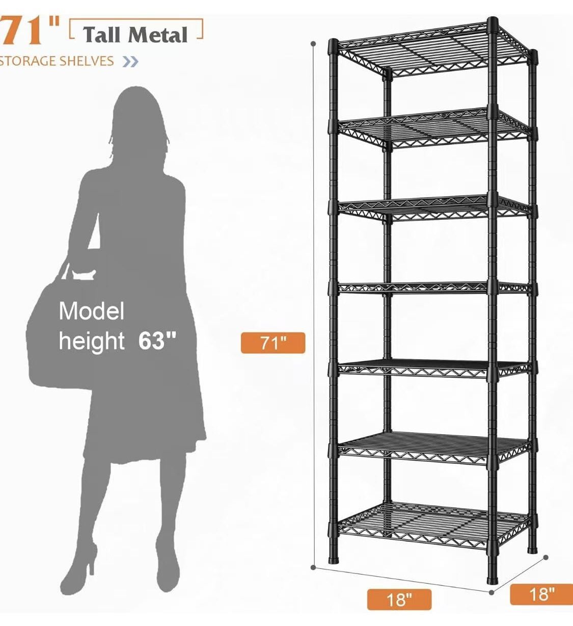 🥨7-Tier Metal Shelving Unit, 71’’H x 18’’W x 18’’D, Adjustable Garage Shelving for Storage, Heavy Duty Shelves for Kitchen, Living Room, Bathroom